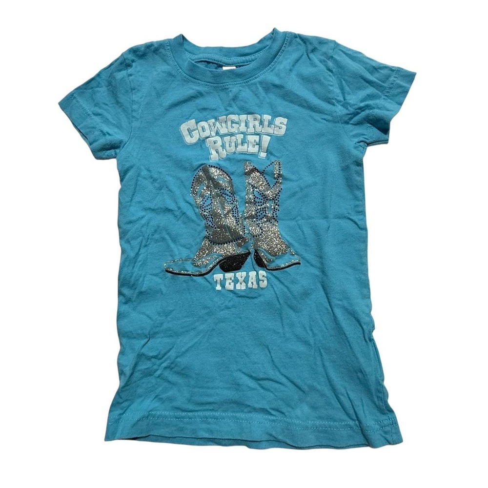 LAT Cowgirls Rule Texas Glitter Cowboy Boots Graphic Tee Turquoise Blue Kids S